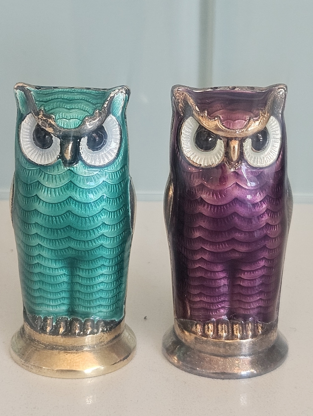 Vintage MCM David Andersen Norway Sterling Silver Enamel Owl Salt Pepper Shakers